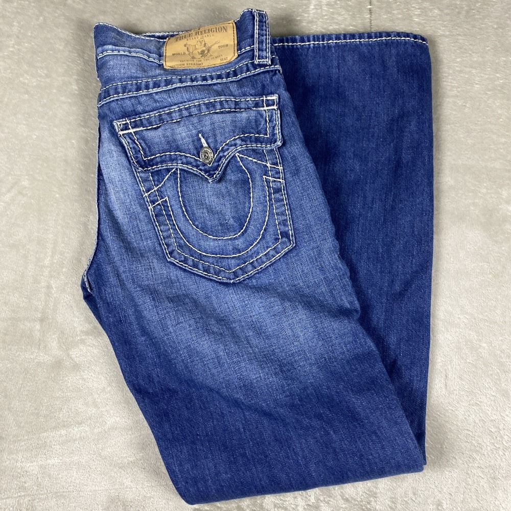 Vintage True Religion Blue Jeans 34 x 32 Men's Big T Y2K Relaxed Flap Pocket